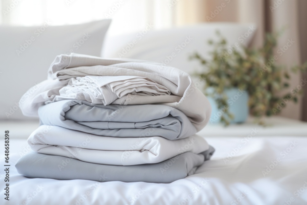 Poster a stack of neatly folded sheets placed on a bed. perfect for showcasing bedroom decor or highlightin