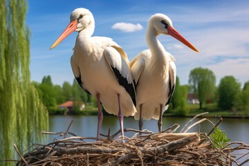 Fototapeta premium Two white birds standing on top of a nest. Suitable for nature and wildlife concepts.