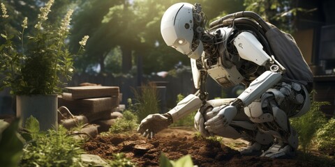 Robot Tending to a Garden, Assisting in Planting and Caring for Trees and Plants, Exemplifying the Future of Agriculture with IoT, High-Tech, and Digital Farming Advancements - obrazy, fototapety, plakaty