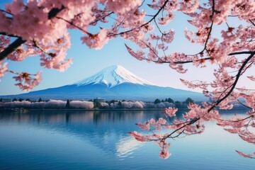 A beautiful view of a mountain with cherry blossoms in the foreground. This picture can be used to depict the serene beauty of nature and the arrival of spring.