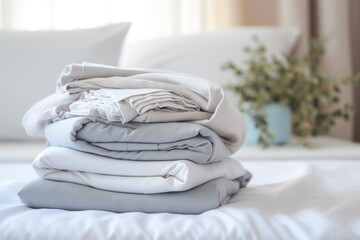 A stack of neatly folded sheets placed on a bed. Perfect for showcasing bedroom decor or highlighting the comfort of clean linens.
