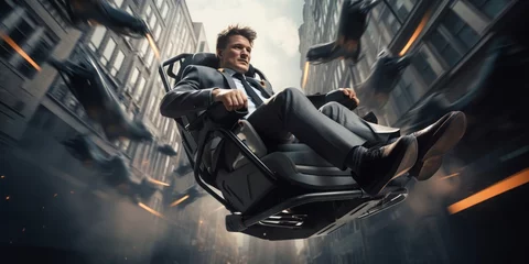 Selbstklebende Fototapeten Businessman Soars Through the Urban Skyline on a Flying Chair, Embracing a Surreal and Imaginative City Adventure, Redefining Business Travel in the Modern Metropolis © Ben
