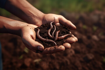 Hands with soil and worms, earthworms, soil fertilization concept. Generative Ai, Ai.