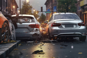 Traffic collision of cars on the street. Destroyed and broken cars after road collision, insurance concept. Generative AI.