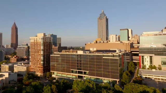 Aerial drone video rising up Downtown Atlanta Georgia USA circa 2023
