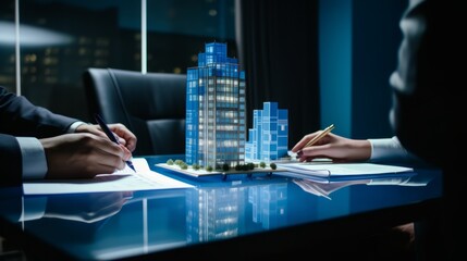 concept holo blue 3d render miniature model maquette of small skyscraper building on table in real estate agency. signing mortgage contract document demonstrating. futuristic business. Generative AI