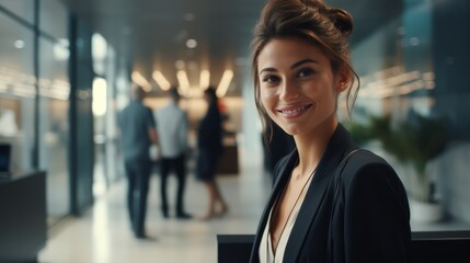 Beautiful young girl 24 years old standing near the reception desk in the office