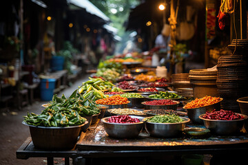 Bustling market filled with vibrant colors, where vendors display a variety of fresh, local food products. Generative AI.