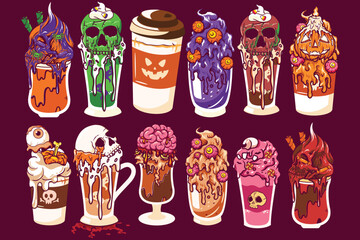 Ice Creams Coffee and Drinks for Halloween with Skulls and Eyes and Pumpkins Bundle, Best Spooky Glass Vector with Ghost and Skull Set