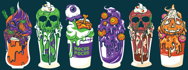 Halloween Drinks and Ice Creams with Halloween Coffee and Chocolate Glass with Skulls and Pumpkins Background Set