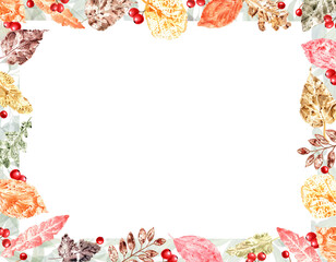 Autumn colorful leaves, red berries. Watercolor frame of leaf imprints for autumn holiday cards, greeting, invitation. Back to school. Thanksgiving day. Space for text. Hand drawn illustration