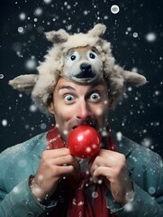 Portrait man with a red christmas ball