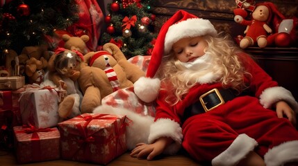 Fototapeta na wymiar A girl in a Santa costume sleeping in Christmas presents