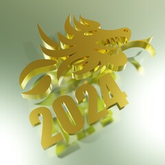 Golden 3D dragon and number on a green shiny background. Symbol of 2024. Graphic illustration.