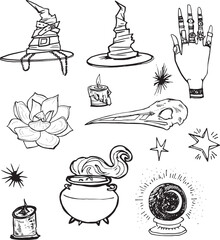 Stylized Witch Set Line Clip Art Design Linear Halloween Witchcraft Magic Elements icons. Doodle  elements Vector hand-drawn illustration for holiday designs, decorations. Cartoon line drawing stuff