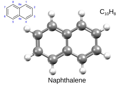 Chemical formula, structural formula and 3D ball-and-stick model of naphthalene, white background