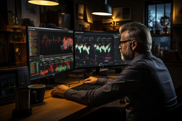 Obraz premium A business analyst working on data analysis using advanced software. Generative AI.