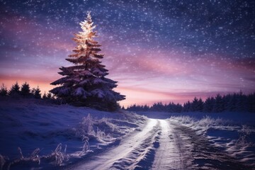 Naklejka premium Winter night landscape. Forest, trees and road covered snow. Winterly evening with first stars. Purple landscape with sunset. Happy New Year and Christmas concept
