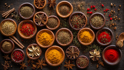 Dry spices in wooden bowls on an old background