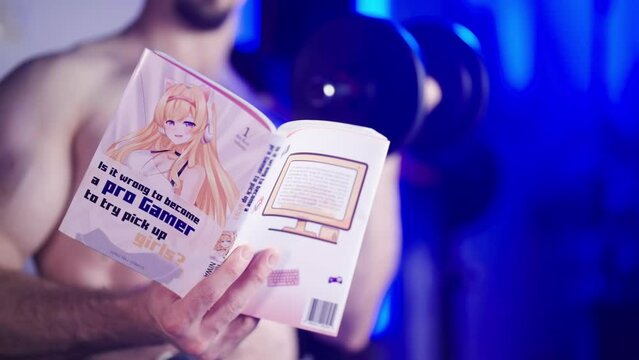 Headless muscular man reading manga comic while weight lifting 4K