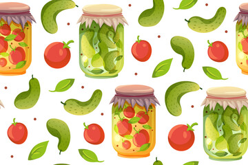 Glass jars with preserved food seamless Pattern. Cucumbers and tomato vector flat illustration. Pattern for packaging or textile design. Harvest.
