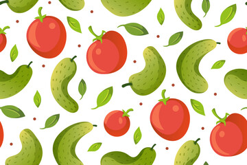 Harvest seamless Pattern. Cucumbers and tomato vector flat illustration.