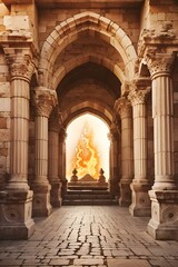 Fototapeta premium Ancient stone archway with columns leading to a brightly lit statue