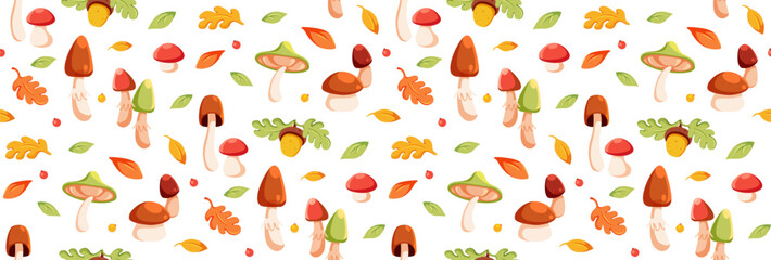 Autumn seamless Pattern. Autumn falling leaves and mushrooms. Vector flat illustration.