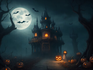Halloween night, gloomy background. The darkness is terrible. AI