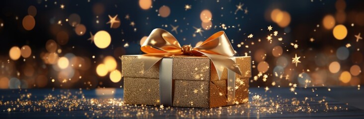 Stylish gold giftbox with golden ribbon bow and confetti on dark blue background with bokeh and sparkles. Valentine, Christmas, New Year, birthday or holiday concept. Father's day banner. Copy space