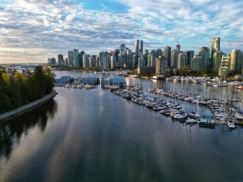 Aerial view of Stanley Park, Cole Harbor and Vancouver, British Columbia, Canada