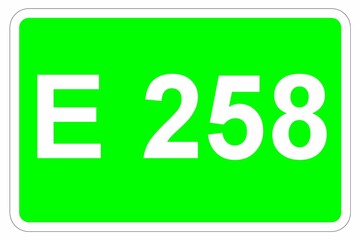 Illustration eines Europastraßenschildes der E 258 in Europa	