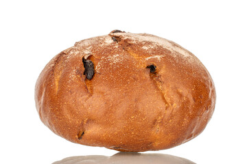 One loaf of bread with raisins, macro, isolated on white background.