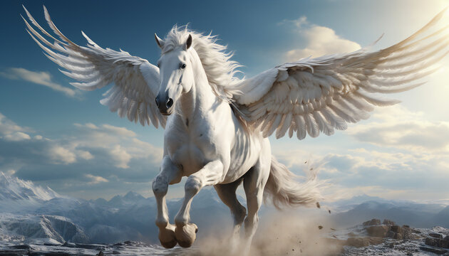 Recreation of winged white horse Pegasus with the wings extended, legendary creature