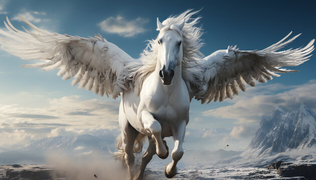 Artistic recreation of the winged white horse Pegasus riding with the wings extended, legendary creature in Greek mythology
