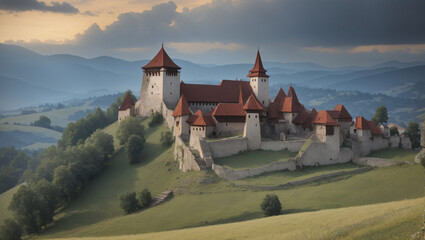 Ancient Transylvania castle nestled alone on a green cliff - AI Generative
