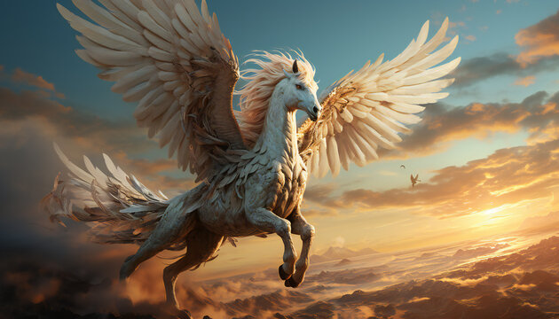 Artistic recreation of the mythical winged white horse Pegasus riding with wings extended, legendary creature in Greek mythology. Illustration AI
