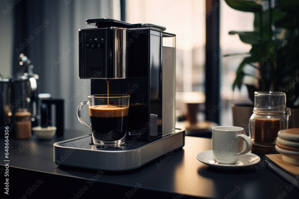 Sticker a sleek and modern coffee maker brewing a fresh cup of aromatic coffee, ready to kickstart the day. 