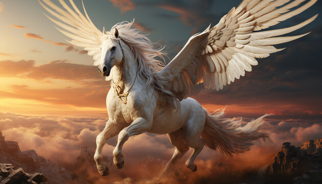 Artistic recreation of winged white horse Pegasus flying with the wings extended, legendary creature in Greek mythology