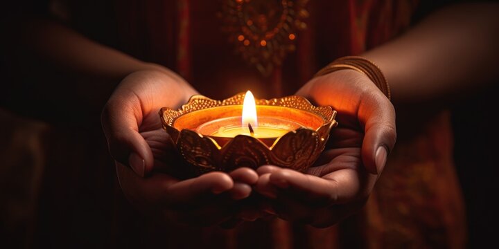 Closeup - Woman holding lit diya lamp in hands. Diwali celebration, generative ai
