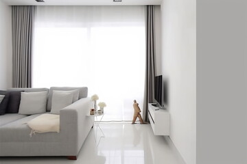 Livingroom interior wall mock up with white fabric sofa and pillows on white background with free space