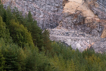 Landscape with forest an rock cliff face in quarry