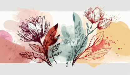 botanical watercolor design with flowers and leaves