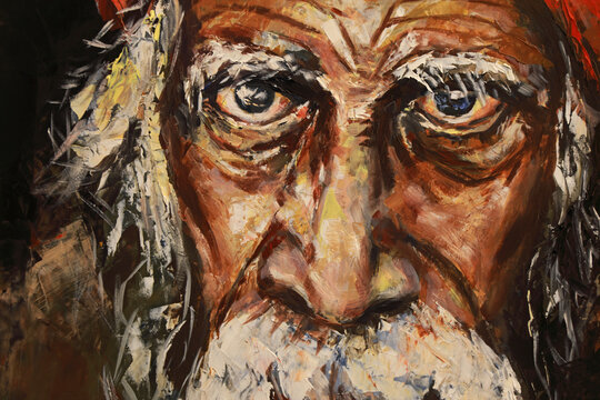 Portrait of an old depressed man. Oil painting of a dark emotional man with a colorful beard