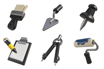 A set of 3d icons of various construction tools for your business. A brush, a paint roller, a trowel, a button, a measuring compass and a notebook with a pen. 3d rendering