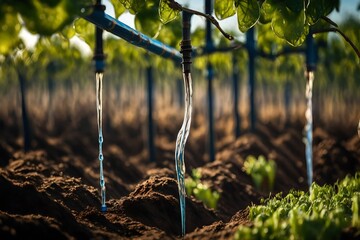 Drip irrigation system in the agricultural field - obrazy, fototapety, plakaty
