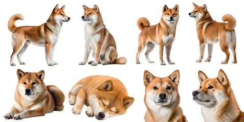 Shiba Inu dog puppy, many angles and view portrait side back head shot isolated on transparent background cutout, PNG file
