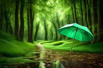 rain forest in the morning with a green colored umbrella on the road