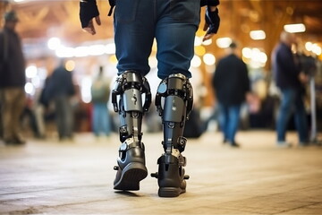 Legs of disable man in the robotic exoskeleton walking