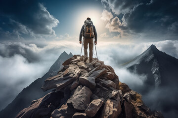 A lone hiker conquering a rugged mountain peak, epitomizing determination and triumph. Generative Ai.
